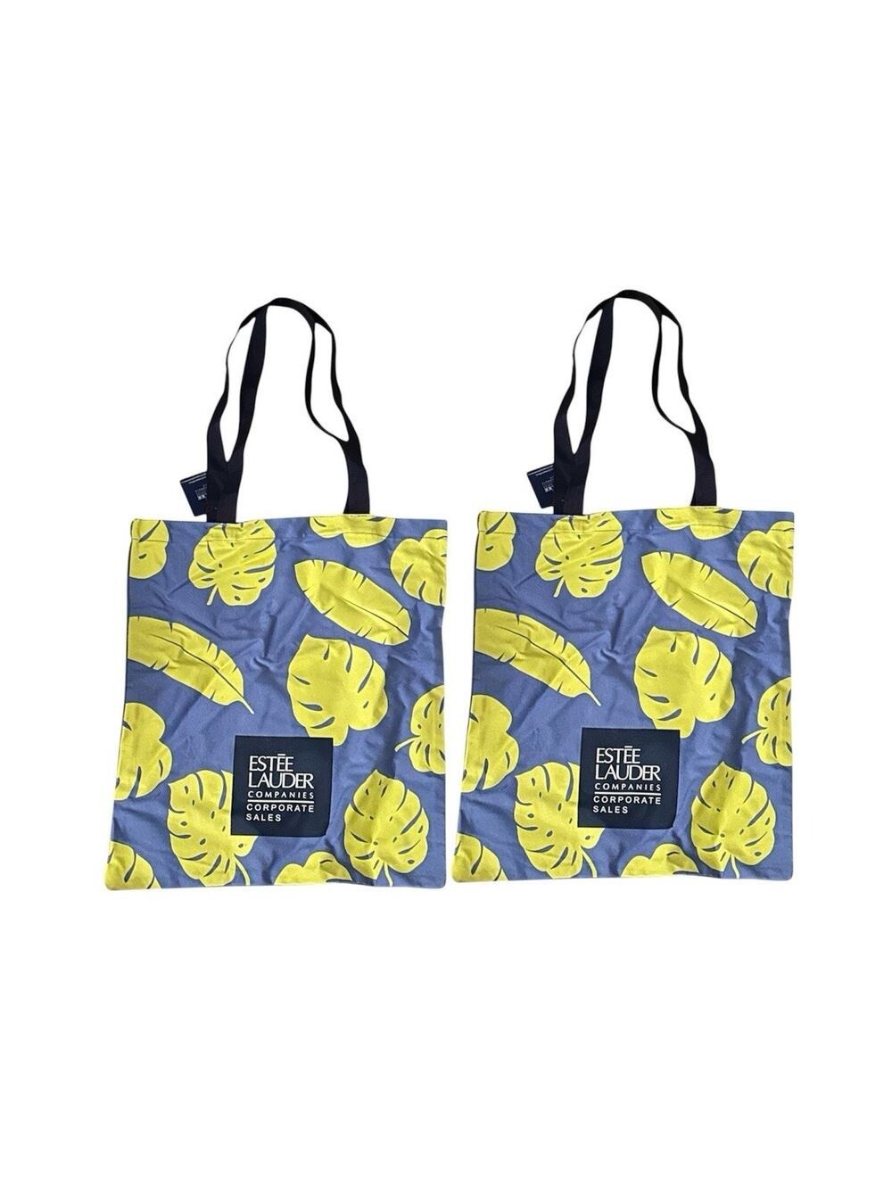 Estee lauder 2x printed Tote bag - YELLOW W/BLUE Leaf NEW Shopping Eco Friendly